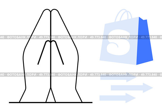 Praying hands alongside a shopping bag with S and directional arrows. Ideal for themes like e-commerce, online shopping, spirituality, gratitude, and logistics. Simplistic, modern design style. Praying Hands with Shopping Bag and Arrow Icons Representation. Стоковая иллюстрация, агентство Ingram Publishing / Фотобанк Лори