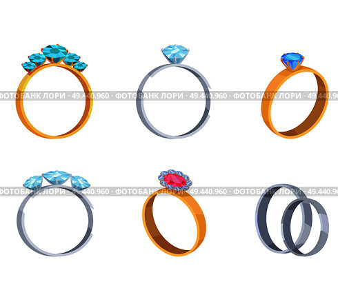 Precious gold and silver rings with gems vector icons set. Wedding rings with diamonds flat vector illustrations isolated on white background. Precious Wedding Rings with Gems Vector Icons Set. Стоковая иллюстрация, агентство Ingram Publishing / Фотобанк Лори