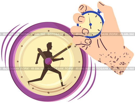 Precise device, stopwatch for measuring time during competition. Hand holds stopwatch and counts minutes. Time spent reporting watch vector illustration. Clock with image of runner, athlete. Precise device, stopwatch for measuring time during competition. Clock with image of runner, athlete. Стоковая иллюстрация, агентство Ingram Publishing / Фотобанк Лори