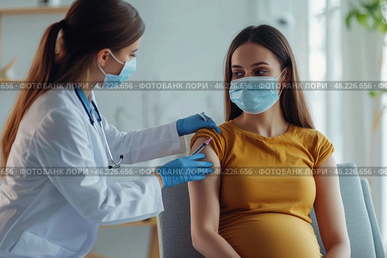 Pregnant Vaccination. Young Pregnant Woman In Face Mask Getting Vaccinated in Clinic. Doctor Giving Corona Virus Vaccine Injection to Female Patient with Belly. Covid-19 Flu Protection. Dengue fever. Стоковое AI-изображение, AI-художник Марина Демидюк / Фотобанк Лори