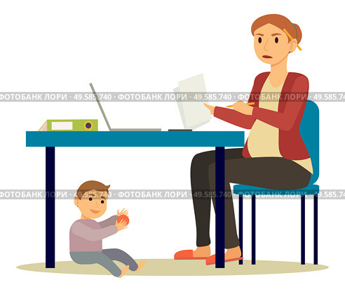 Pregnant woman working from home. Isolated expectant mother staying on maternity leave busy with papers. Son playing under table. Irritated lady with documents distant job, vector in flat style. Freelance Pregnant Woman on Maternity Leave Vector. Стоковая иллюстрация, агентство Ingram Publishing / Фотобанк Лори