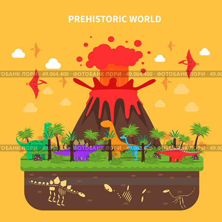 Prehistoric world concept with dinosaurs and volcano eruption vector illustration. Dinosaurs Concept Illustration. Стоковая иллюстрация, агентство Ingram Publishing / Фотобанк Лори