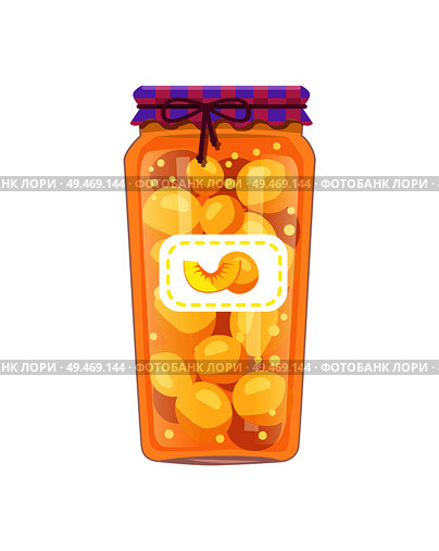 Preserved peaches or apricots in unlabeled glass jar with rustic textile and string with bow lid decoration. Fruit preservation vector illustration.. Preserved Peaches Apricots in Unlabeled Glass Jar. Стоковая иллюстрация, агентство Ingram Publishing / Фотобанк Лори