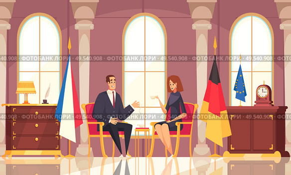 Presidential coffee conversation flat composition with office interior negotiations with foreign diplomatic representative state flags vector illustration. Стоковая иллюстрация, агентство Ingram Publishing / Фотобанк Лори