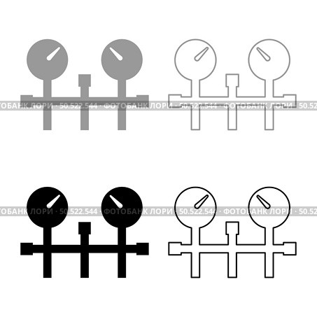 Pressure gauge and pipes manometer pressure meter or vacuum gauge set icon grey black color vector illustration image simple solid fill outline contour line thin flat style. Pressure gauge and pipes manometer meter vacuum heating gas water oil pump measure device system set icon grey black color vector illustration image solid fill outline contour line thin flat style. Стоковая иллюстрация, агентство Ingram Publishing / Фотобанк Лори