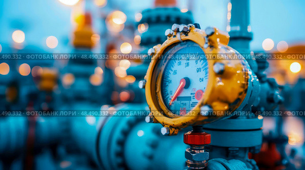 Pressure Gauge Detail - Industrial Metering and Measurement on a Complex Pipeline System, Monitoring Flow and Safety. Стоковое AI-изображение, AI-художник Данила Большаков / Фотобанк Лори