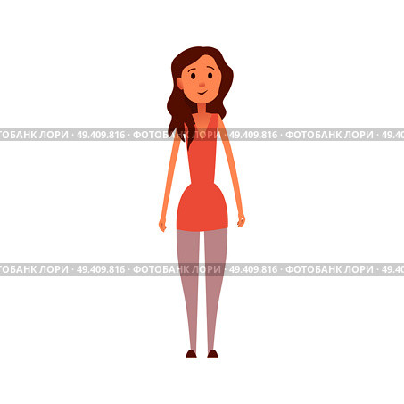Pretty girl with long wavy hair in peach tunic, pink leggins and brown shoes isolated cartoon vector illustration on white background.. Pretty Girl in Pink Clothes Isolated Illustration. Стоковая иллюстрация, агентство Ingram Publishing / Фотобанк Лори