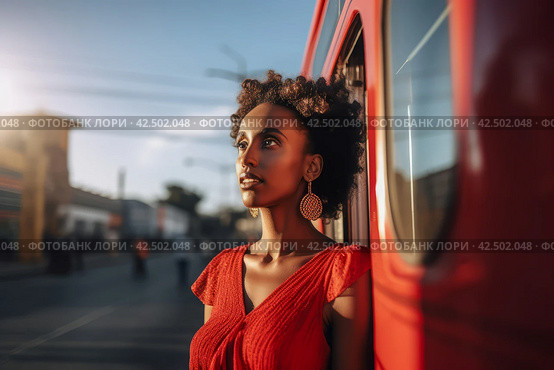 Pretty woman in dress getting off the bus. Generate ai. Стоковое AI-изображение, AI-художник Иван Рябоконь / Фотобанк Лори