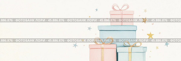 Причудливая подарочная коробка с завязками-лентами пастельных тонов и звездными акцентами для весенних праздников. Стоковое AI-изображение, AI-художник ФотоИнтеллект / Фотобанк Лори