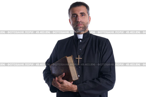Priest portrait with Holy Bible in hands isolated on white. Стоковое фото, агентство Ingram Publishing / Фотобанк Лори