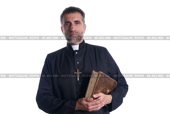 Priest portrait with Holy Bible in hands isolated on white. Стоковое фото, агентство Ingram Publishing / Фотобанк Лори