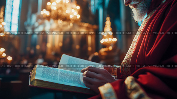 Priest Reading Holy Scripture in a Cathedral. Стоковое AI-изображение, AI-художник Данила Большаков / Фотобанк Лори