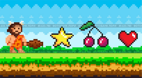 Primitive archaic man dressed in clothes made of animal skin and holding cudgel. Caveman with baton from stone age. Pixel-game scene with bonus awards golden star, cherries, heart. Pixel-game 8 bit. Primitive archaic man dressed in clothes made of animal skin and holding cudgel near bonus awards. Стоковая иллюстрация, агентство Ingram Publishing / Фотобанк Лори