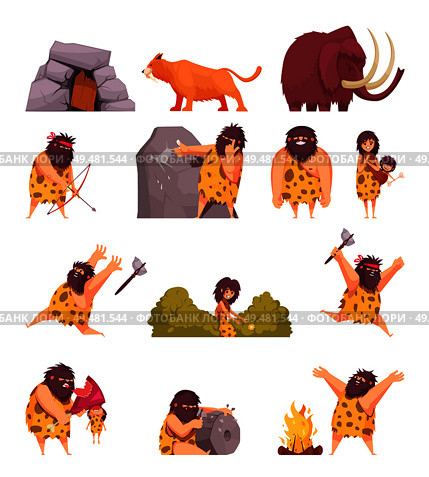 Primitive people  in stone age cartoon icons set with cavemen pelt with weapon and ancient animals isolated vector illustration. Primitive People  In Stone Age. Стоковая иллюстрация, агентство Ingram Publishing / Фотобанк Лори
