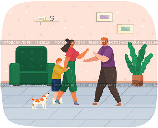 Problems and conflict in family, fight and arguing, quarreling over child in family. Cartoon angry parents swearing. Unhappy boy teenager. Dispute man and woman. Toxic relationships between people. Problems and conflict in family, fight and arguing, quarreling over child in family, angry parents. Стоковая иллюстрация, агентство Ingram Publishing / Фотобанк Лори