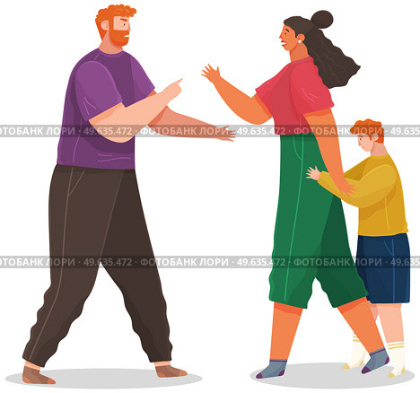 Problems and conflict in family, fight and arguing, quarreling over child in family. Cartoon angry parents swearing. Unhappy boy teenager. Dispute man and woman. Toxic relationships between people. Problems and conflict in family, fight and arguing, quarreling over child in family. Unhappy boy. Стоковая иллюстрация, агентство Ingram Publishing / Фотобанк Лори