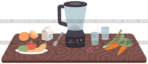 Process of cooking vegetarian food. Proper nutrition, healthy lifestyle and vegetarianism concept. Ingredients and cooking utensil for making smothie. Natural ingredients for fruit cocktail in blender. Process of cooking vegetarian food. Proper nutrition, healthy lifestyle and vegetarianism concept. Стоковая иллюстрация, агентство Ingram Publishing / Фотобанк Лори