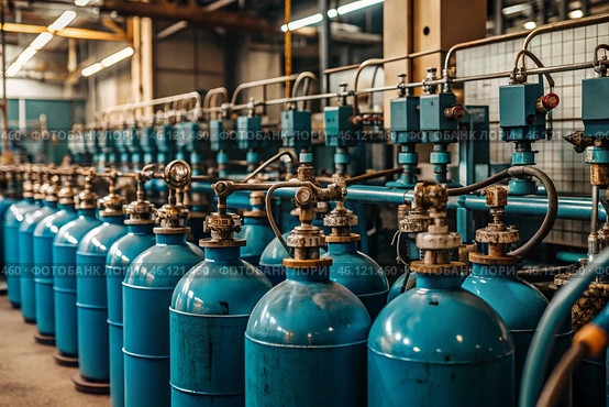 Production of gas cylinders. Cylinders with technical gases. Fragments of an oxygen tank. Tanks for liquid oxygen. Стоковое AI-изображение, AI-художник Photojuli / Фотобанк Лори