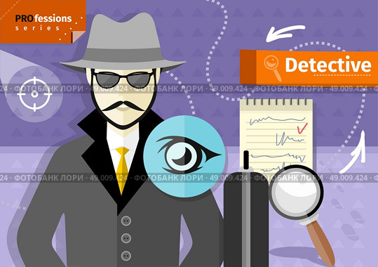 Profession series with young mustached male detective in hat, coat  and sunglasses  tracking down criminals. Стоковая иллюстрация, агентство Ingram Publishing / Фотобанк Лори