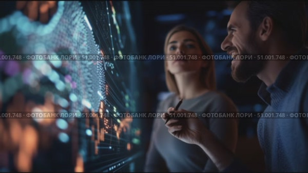 Professional analysts discuss data trends at a modern workstation in an advanced tech environment. Стоковое AI-видео, аниматор Сергей Толмачёв / Фотобанк Лори