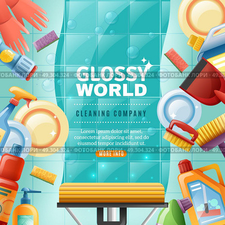 Professional Cleaning Illustration. Professional cleaning design including mop brushes tableware sponges and detergents on textured background with bubbles vector illustration. Стоковая иллюстрация, агентство Ingram Publishing / Фотобанк Лори