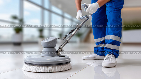 Professional cleaning service uses scrubber on shiny floor in office setting. Стоковое AI-изображение, AI-художник Katsiaryna Repich / Фотобанк Лори