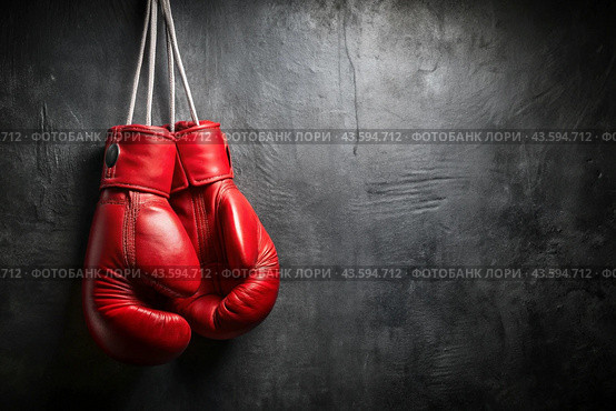 Professional red boxing gloves hang on a black background with a space to copy. Стоковое AI-изображение, AI-художник Photojuli / Фотобанк Лори