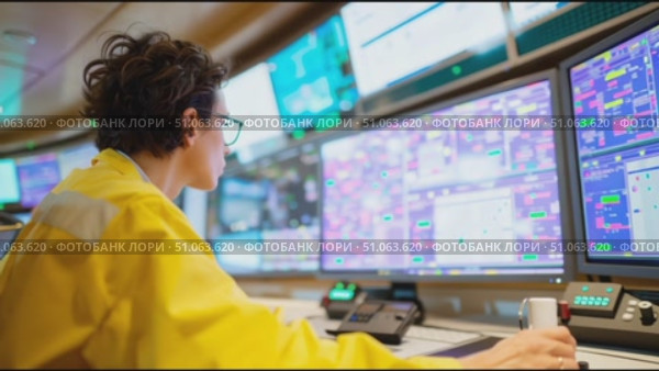 Professional technician monitors complex systems in a control room with multiple screens and active data displays. Стоковое AI-видео, аниматор Сергей Толмачёв / Фотобанк Лори