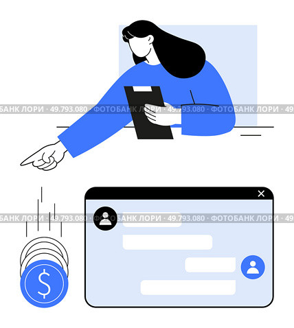 Professional woman with clipboard pointing at chatbox, symbols of coins showing financial transactions. Ideal for financial services, online banking, customer service, business communication. Professional woman managing online transactions and communication with digital interface and coins. Стоковая иллюстрация, агентство Ingram Publishing / Фотобанк Лори