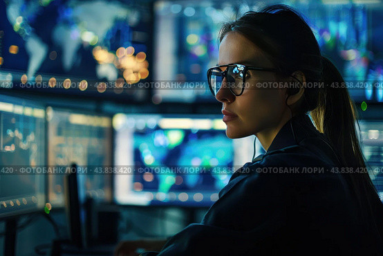 Professional woman working late in hightech control room. Стоковое AI-изображение, AI-художник Иван Рябоконь / Фотобанк Лори