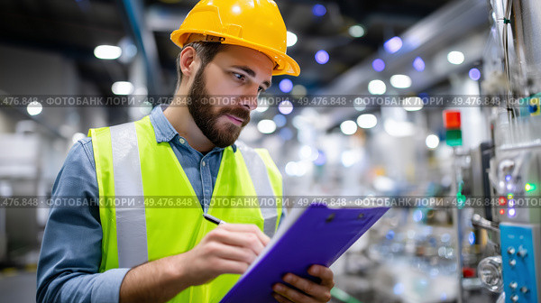 Professional worker reviewing safety protocols in a manufacturing facility during daytime operations. Стоковое AI-изображение, AI-художник Сергей Толмачёв / Фотобанк Лори
