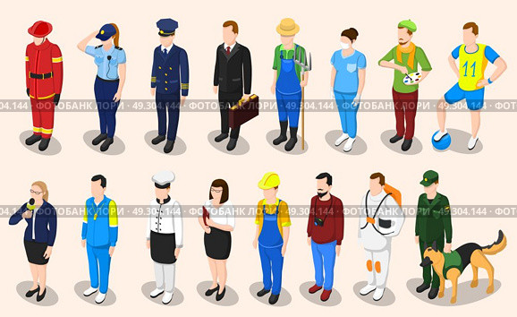 Professions Isometric People Set. Profession isometric set of sixteen isolated people faceless characters representing different professions in appropriate uniform with shadows vector illustration. Стоковая иллюстрация, агентство Ingram Publishing / Фотобанк Лори