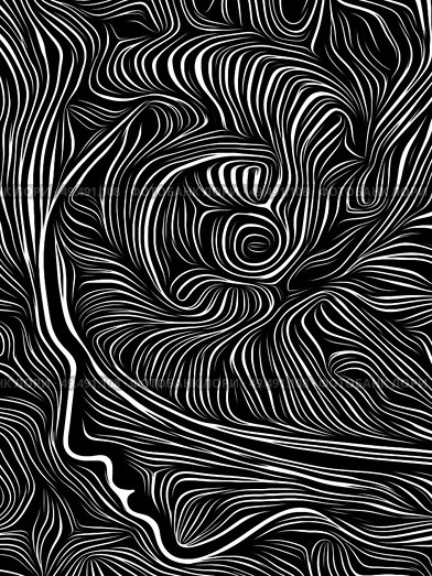 Profile face integrated in black and white woodcut pattern. On subject of the mind, consciousness, reason and human drama. Black and White Poetry series. Стоковое фото, агентство Ingram Publishing / Фотобанк Лори