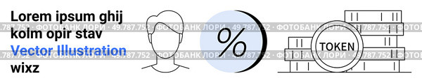 Profile of person, percentage sign, token stacks accompanied by text. Ideal for marketing, educational content, infographics, websites, presentations, financial apps, digital wallets. Landing page. Financial Elements with Profile, Percentage Sign, and Tokens for Marketing and Education. Стоковая иллюстрация, агентство Ingram Publishing / Фотобанк Лори