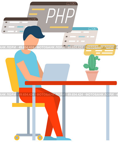 Programmer engineering and coding. Coder programmers working on web development on computer. Concept of script coding and programming in php, javascript, python, other languages. Software developers. Programmer engineering and coding. Set of programmers working on web development on computers. Стоковая иллюстрация, агентство Ingram Publishing / Фотобанк Лори