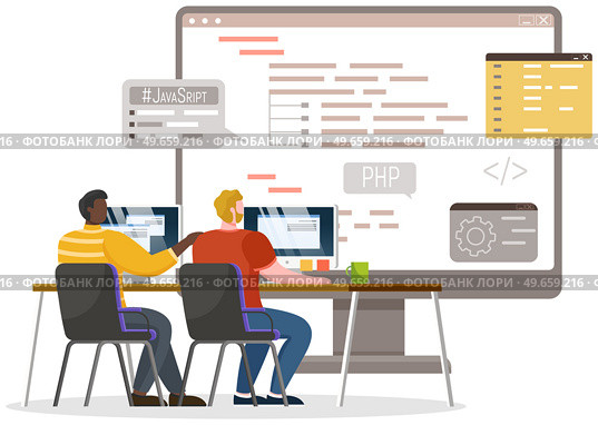 Programmer engineering and coding. Coder programmers working on web development on computer. Concept of script coding and programming in php, javascript, python, other languages. Software developers. Programmer engineering and coding. Set of programmers working on web development on computers. Стоковая иллюстрация, агентство Ingram Publishing / Фотобанк Лори