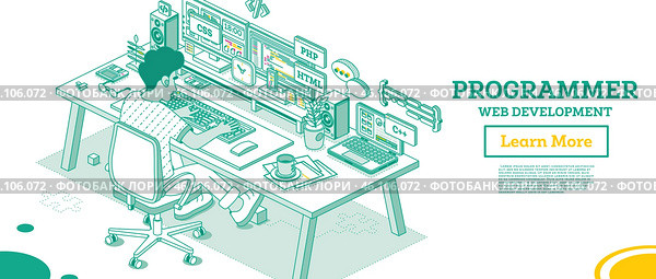Programmer. Frontend or Backend Developer Sit on Chair with Wheels in Front of Two Monitors with Code. Стоковая иллюстрация, иллюстратор Игорь Сорокин / Фотобанк Лори