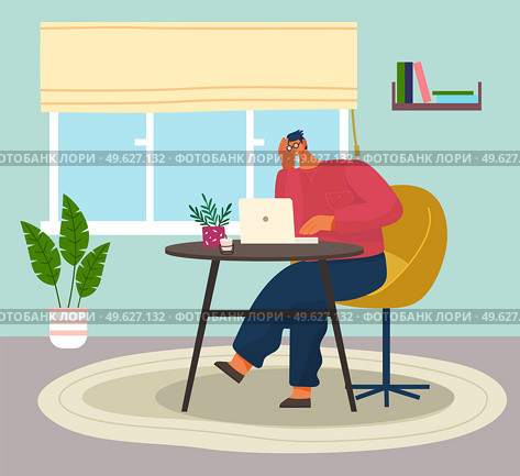 Programmer man in eyeglasses with on table sitting and using computer. Quarantine distance work. Freelance work at home. Effectively organizing home time. Home office. Young guy working online. Programmer in eyeglasses with on table sitting and using computer, quarantine distance work. Стоковая иллюстрация, агентство Ingram Publishing / Фотобанк Лори