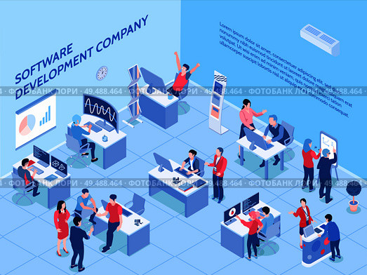 Programmers of software development company during work in office isometric horizontal vector illustration. Стоковая иллюстрация, агентство Ingram Publishing / Фотобанк Лори