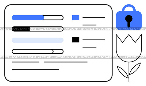 Progress bars and a data list next to a flower icon and a security lock symbol. Ideal for data visualization, security, project management, user interface design and technology aesthetics. Simplistic. Progress Bars with Data List and Security Icon Next to a Flower. Стоковая иллюстрация, агентство Ingram Publishing / Фотобанк Лори