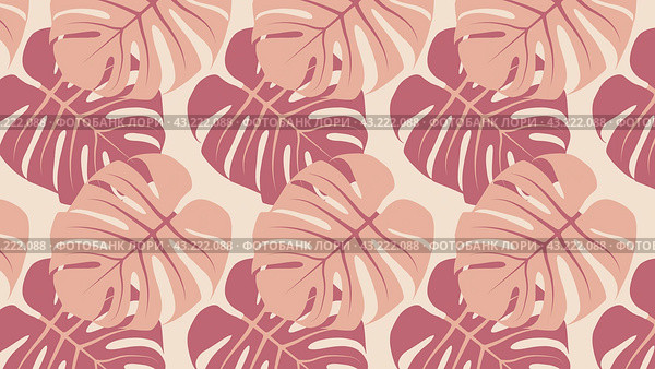 Прямоугольный фон с листьями  монстеры в цвете пыльная роза. Rectangular background with monstera leaves in dusty rose color. Редакционная иллюстрация, иллюстратор Ирина Щербакова / Фотобанк Лори