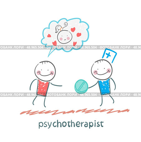 psychotherapist  gives the patient a pill. Fun cartoon style illustration. The situation of life. Стоковая иллюстрация, агентство Ingram Publishing / Фотобанк Лори