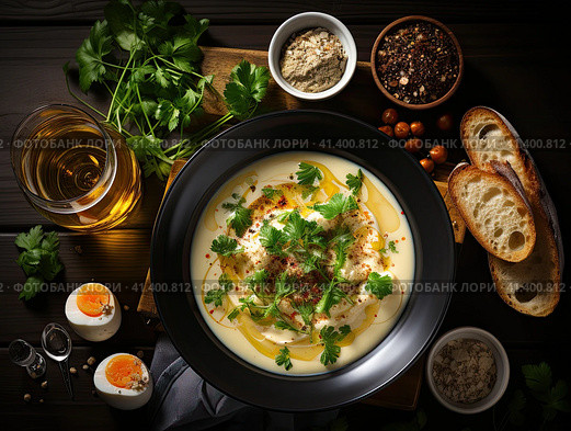 Pumpkin cream soup with pumpkin seeds and croutons, autumn vegan dish. Generative by AI. Стоковое AI-изображение, AI-художник Ярославский Максим / Фотобанк Лори
