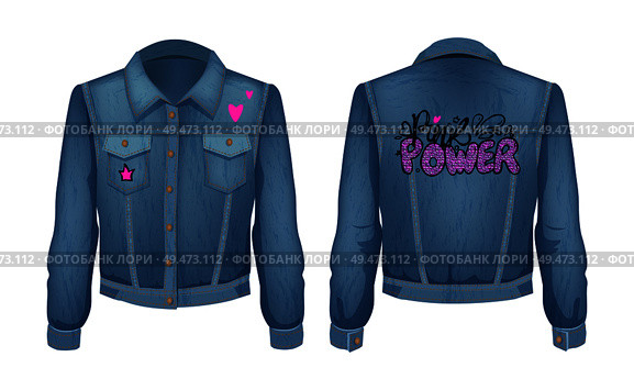 Punk power denim jeans jacket. Stylish clothing for girls with patches and pockets. Fashionable clothing with red heart and crown vector illustration. Punk Power Denim Jeans Jacket Vector Illustration. Стоковая иллюстрация, агентство Ingram Publishing / Фотобанк Лори