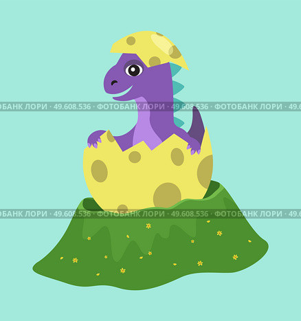 Purple dragon hatches. Animal smiles happily while sitting in a shell. Dinosaur appears from a colorful egg. Cute baby dragon looks at the world happily. Cartoon character isolated on blue background. Cute baby dragon hatched from one egg. Small animal smiling happily while sitting in a shell. Стоковая иллюстрация, агентство Ingram Publishing / Фотобанк Лори