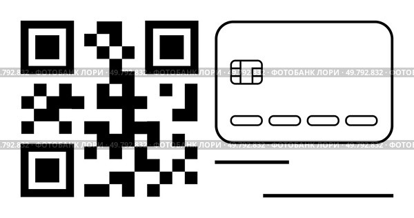 QR code next to a credit card outline with chip. Ideal for cashless payments, digital transactions, secure payments, e-commerce, mobile banking, financial technology, contactless payments. Line. QR Code and Credit Card Outline for Cashless Payments and Digital Transactions. Стоковая иллюстрация, агентство Ingram Publishing / Фотобанк Лори