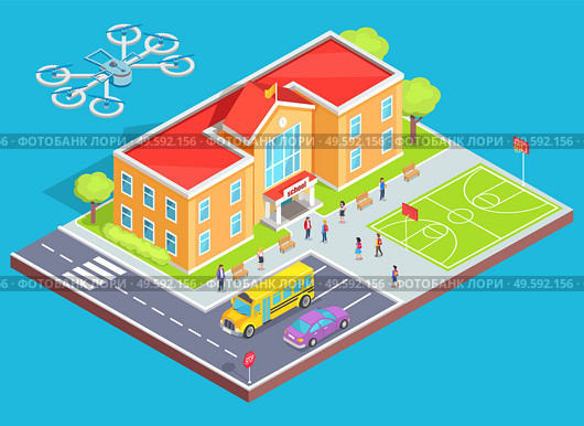 Quadcopter flying over school building, pupils in education place, bus and car going by road. Drone security, aerial control, modern wireless device with propeller, discovery innovation, gadget vector. Drone Security, Flying Quadcopter, School Vector. Стоковая иллюстрация, агентство Ingram Publishing / Фотобанк Лори