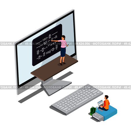 Qualitative online education abstract vector illustration. Woman explains material at black board from monitor and boy sits on flashcard and listen.. Qualitative Online Education Abstract Illustration. Стоковая иллюстрация, агентство Ingram Publishing / Фотобанк Лори