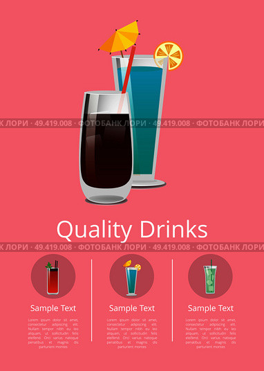 Quality drinks promo poster with cocktails made of vodka and cola and blue lagoon with straw and lemon vector illustration on pink with alcohol spirits. Quality Drinks Promo Poster with Cocktail of Vodka. Стоковая иллюстрация, агентство Ingram Publishing / Фотобанк Лори
