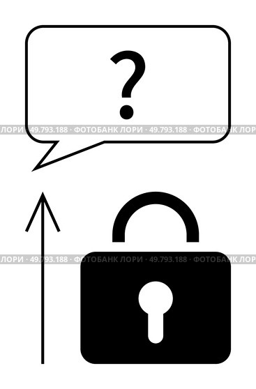 Question mark inside a speech bubble above a padlock, accompanied by an upward-pointing arrow. Ideal for concepts of security, questioning, unlocking potential, protection, inquiry, problem-solving. Question Mark in Speech Bubble Above Padlock with Upward Arrow Indicating an Unlocked State. Стоковая иллюстрация, агентство Ingram Publishing / Фотобанк Лори